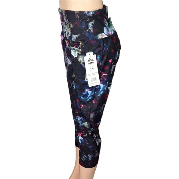 RBX +1X Floral Print Wide Waistband High Waisted Wicking Pockets Capri Leggings - Picture 5 of 6